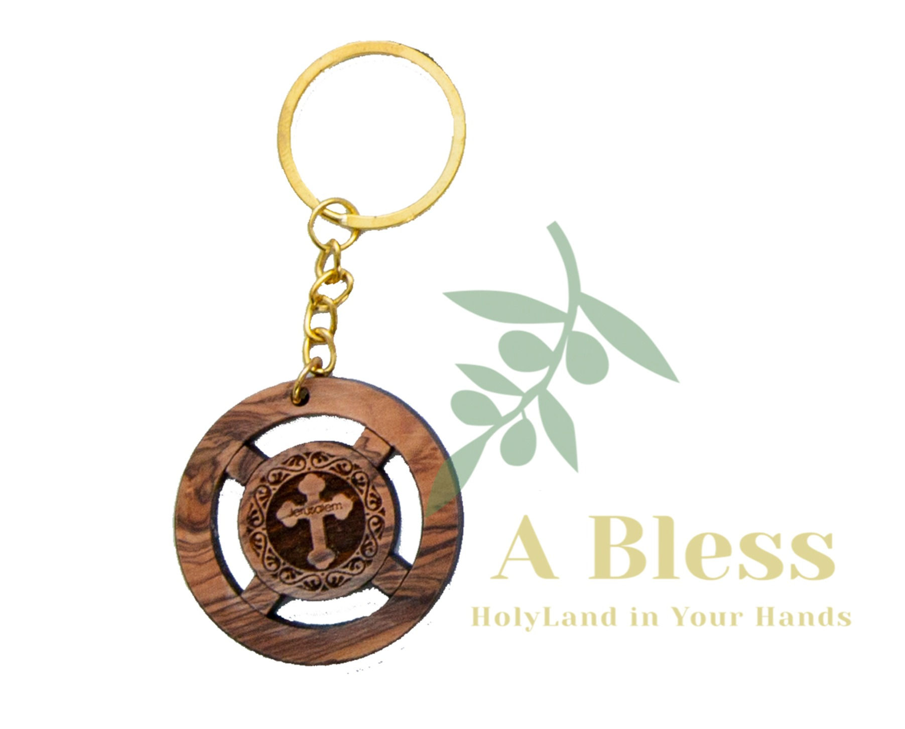Round Olive Wood Cross Key Chain