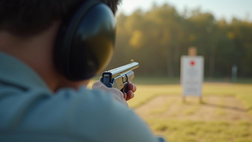 Close-up view of a shooter aiming at a target on an outdoor range