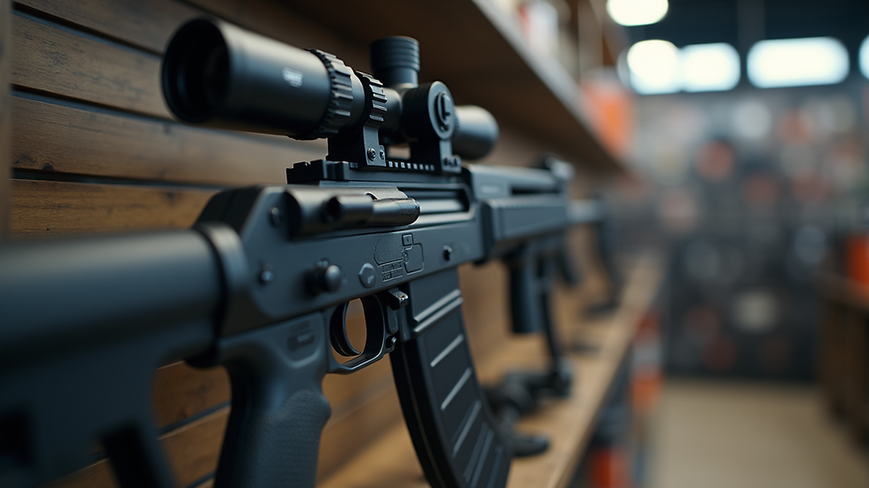 Eye-level view of a modern semi-automatic rifle on a display rack