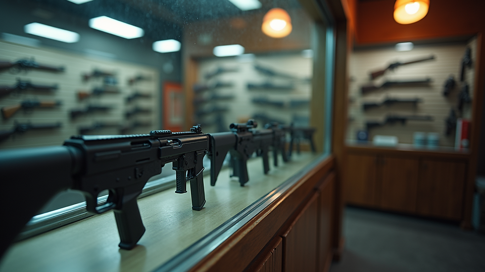 Eye-level view of a gun shop counter with firearms displayed behind glass