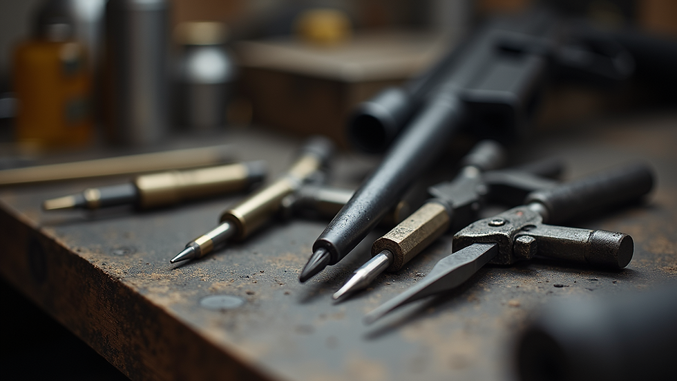 Close-up view of precision gunsmithing tools on a workbench