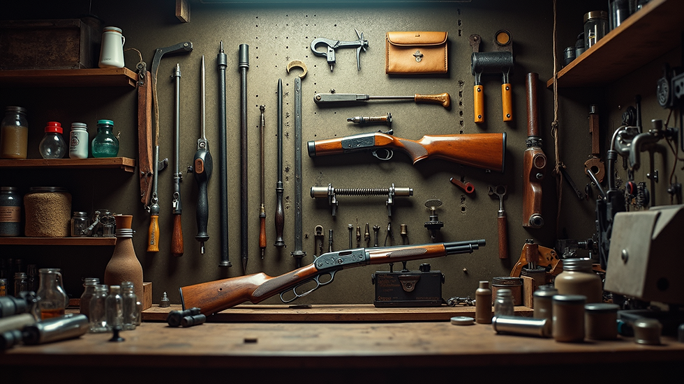 Eye-level view of a gunsmith workshop with tools neatly arranged on the wall
