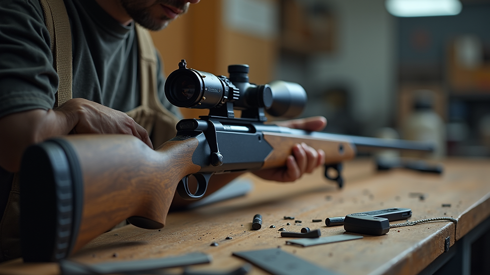 Close-up view of a custom rifle being assembled on a workbench