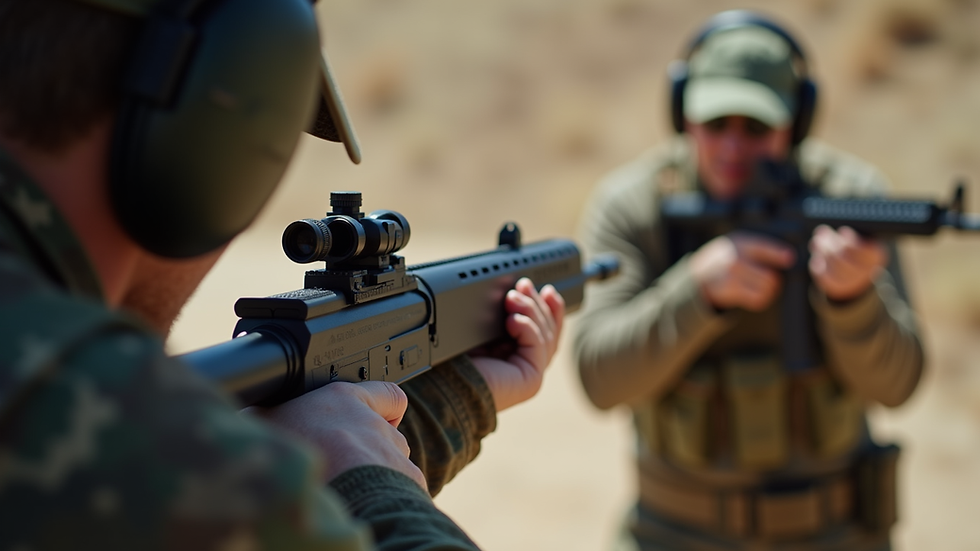 Close-up view of a firearm training session with instructor and student