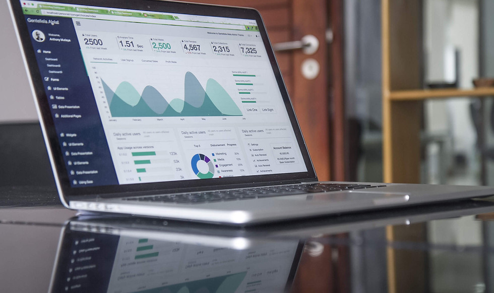 Laptop showing business analytics and performance graphs for growth and consulting