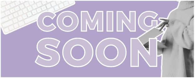 COMING SOON text with a keyboard to the left and a woman closing a laptop the right in black and white, purple background