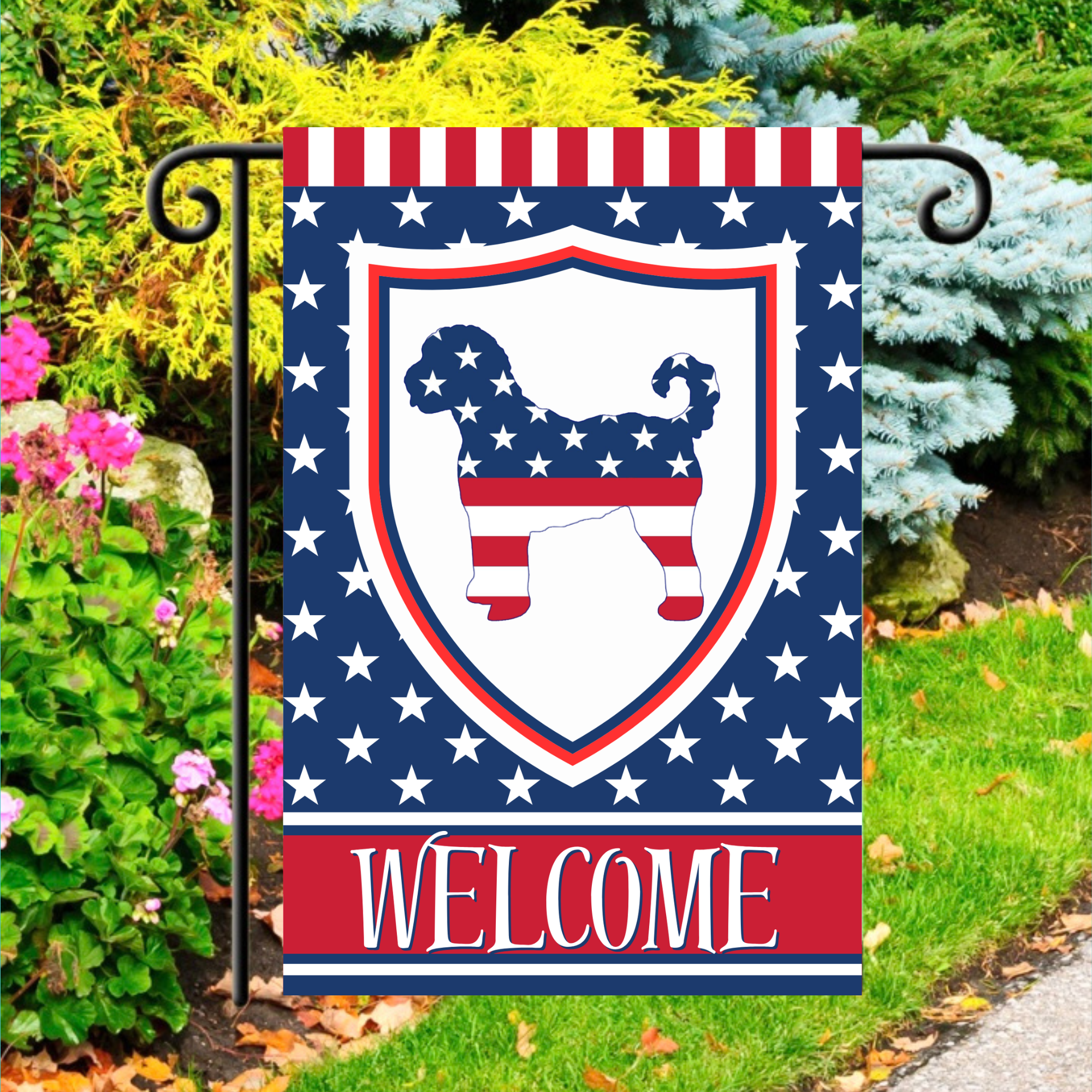 Patriotic Welcome Doodle Garden Flag