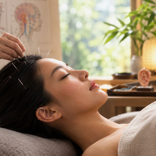 woman undergoing scalp and auricular acupuncture