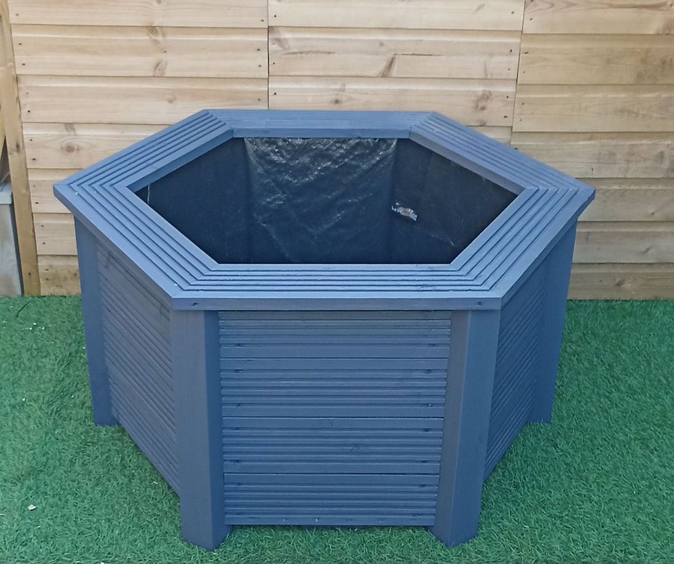 large hexagonal garden pond with bench top in grey