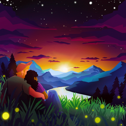 A couple sits in the grass as they look at a mountains and a sunset. Fireflies float through the air. 