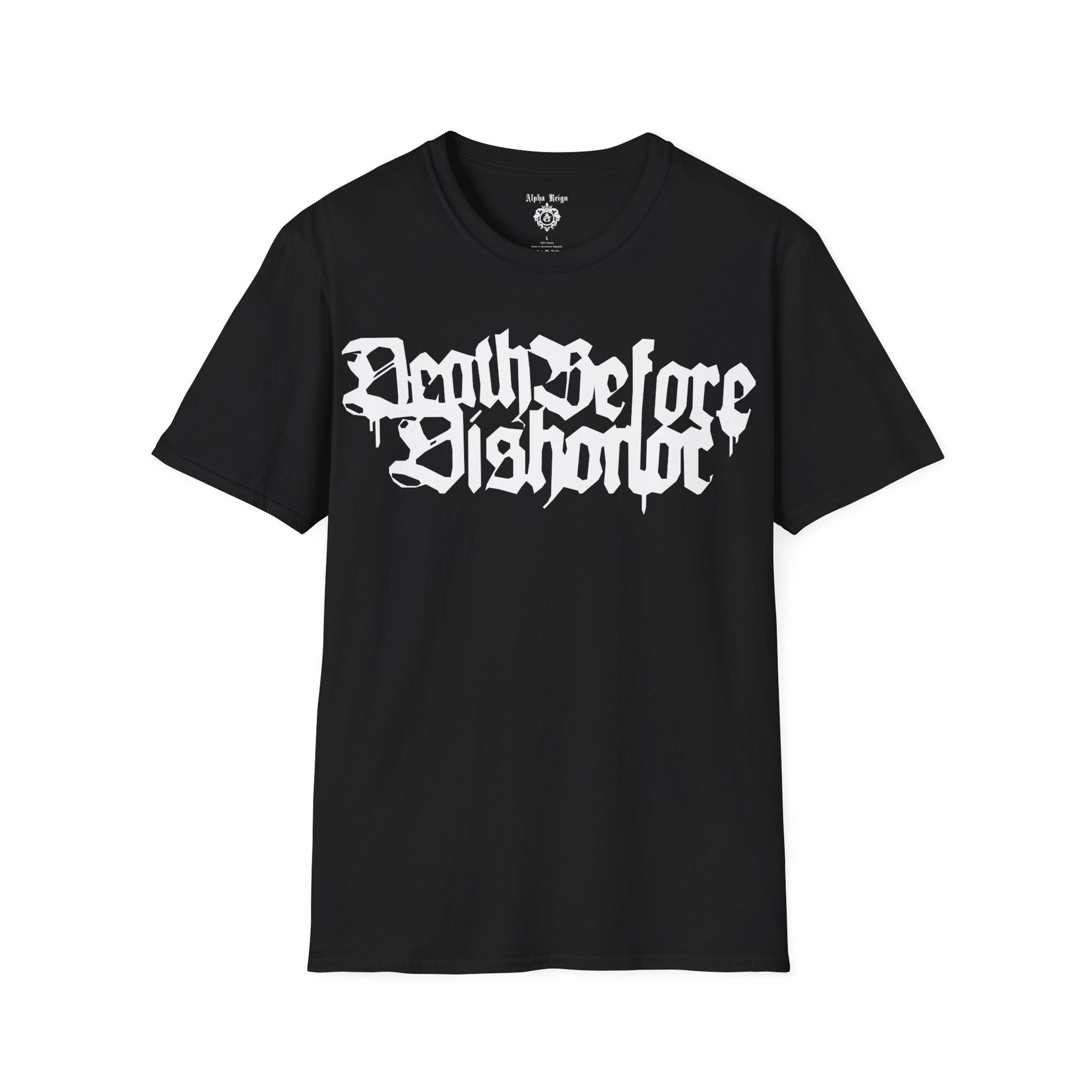 Black t-shirt with "Death Before Dishonor" graphic