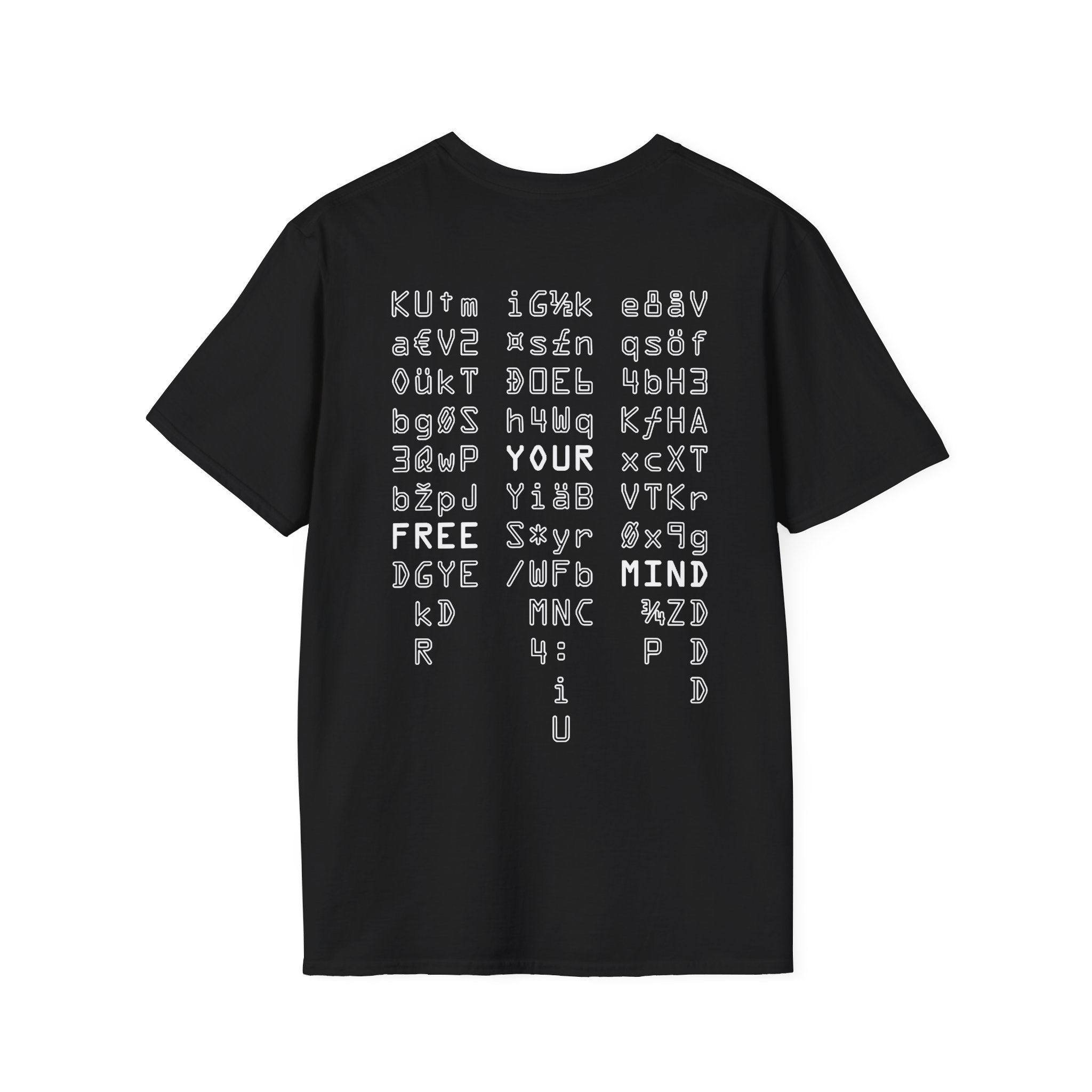 Black t-shirt displaying "Free Your Mind" text