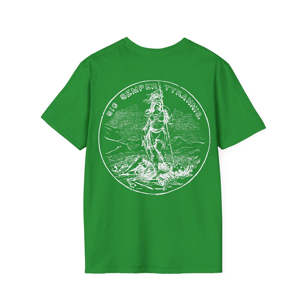 Thumbnail: Dark green t-shirt featuring an image of a Native American figure.  END THE FED Outline