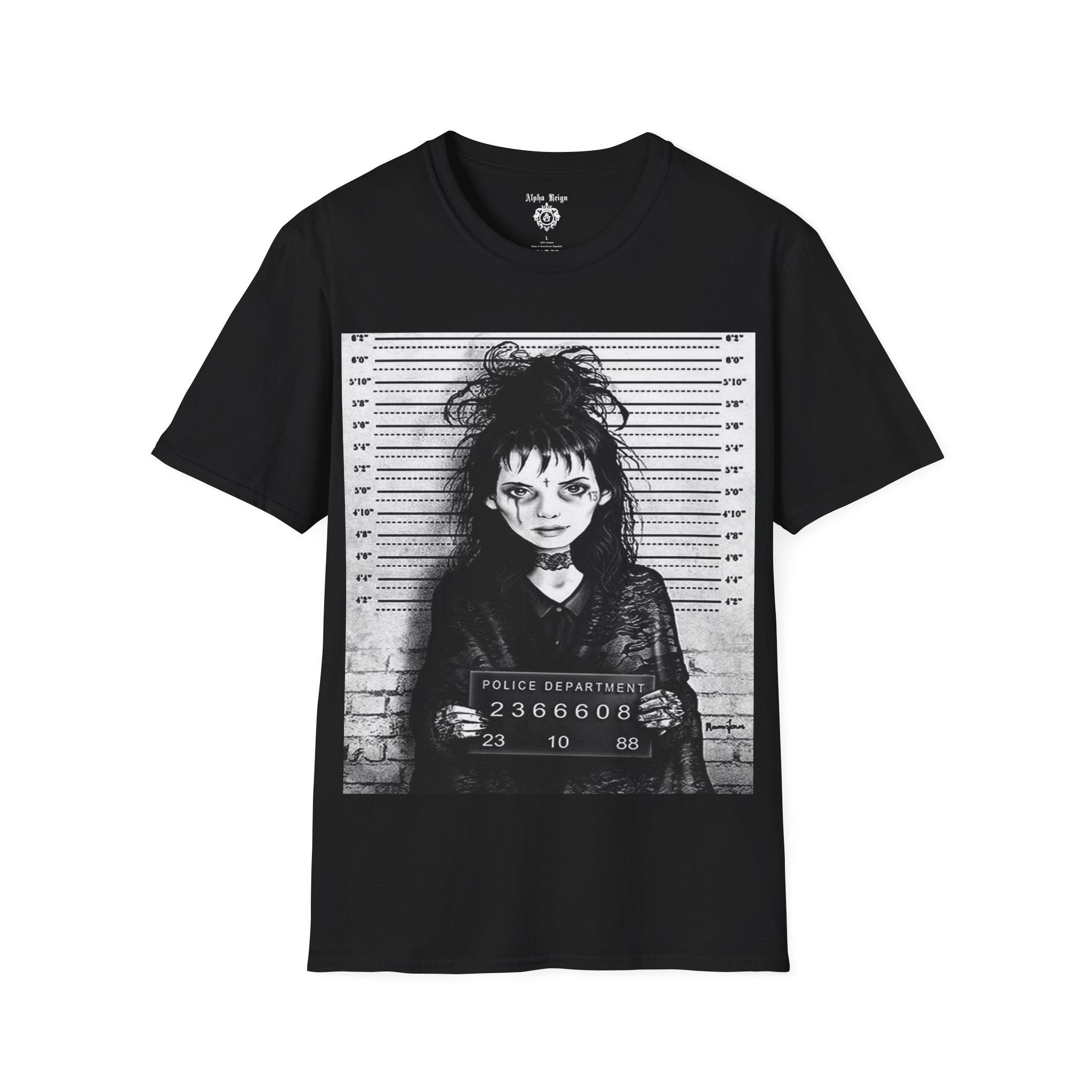 Black t-shirt featuring Wednesday Addams mugshot