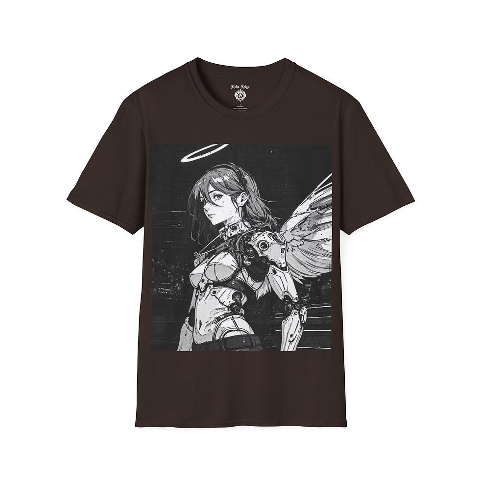 Thumbnail: Brown T-shirt featuring grayscale anime angel