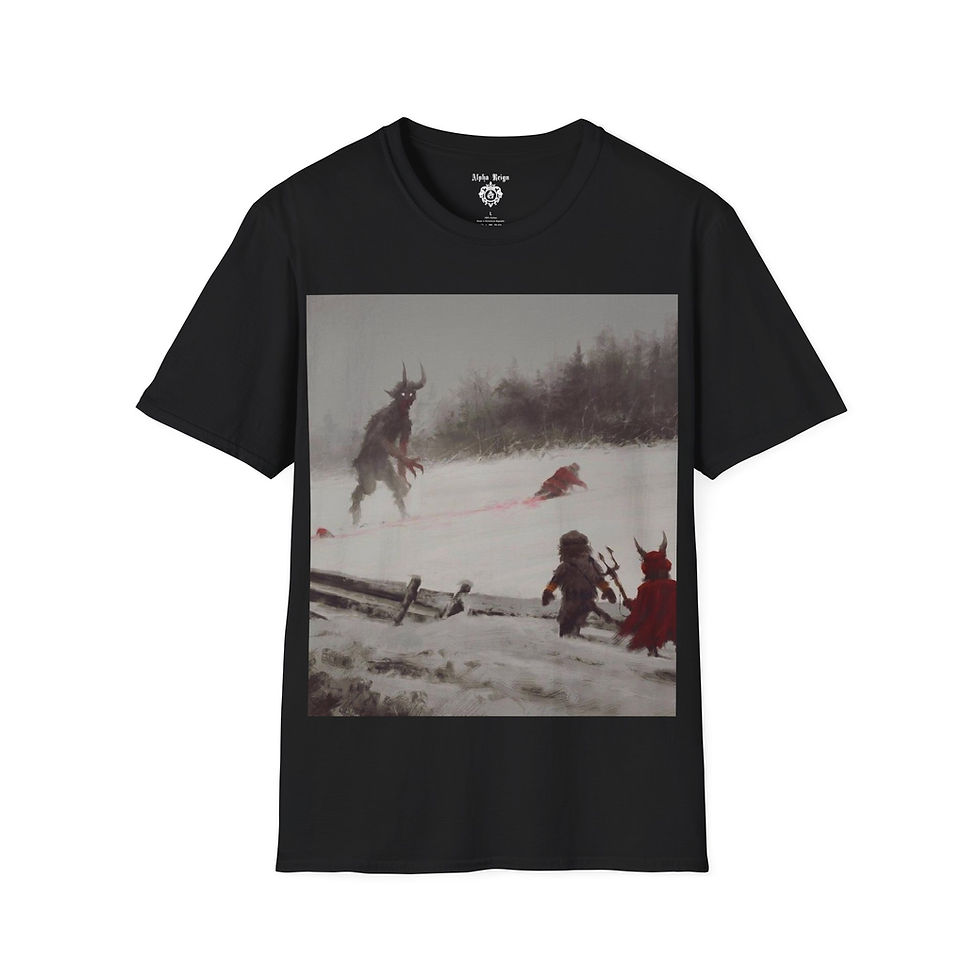 Dark T-shirt: snowy scene, figures in winter