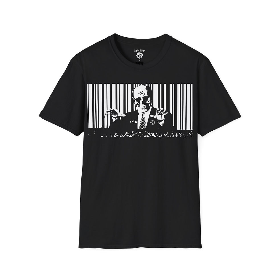 Black T-shirt featuring a barcode design and a stylized image of former President Donald Trump.