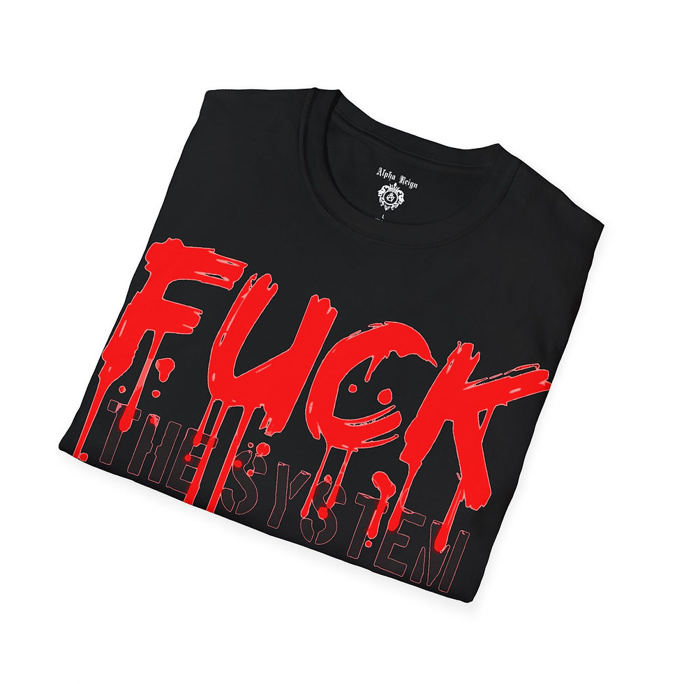 Thumbnail: Black t-shirt with red dripping "FUCK THE SYSTEM" print