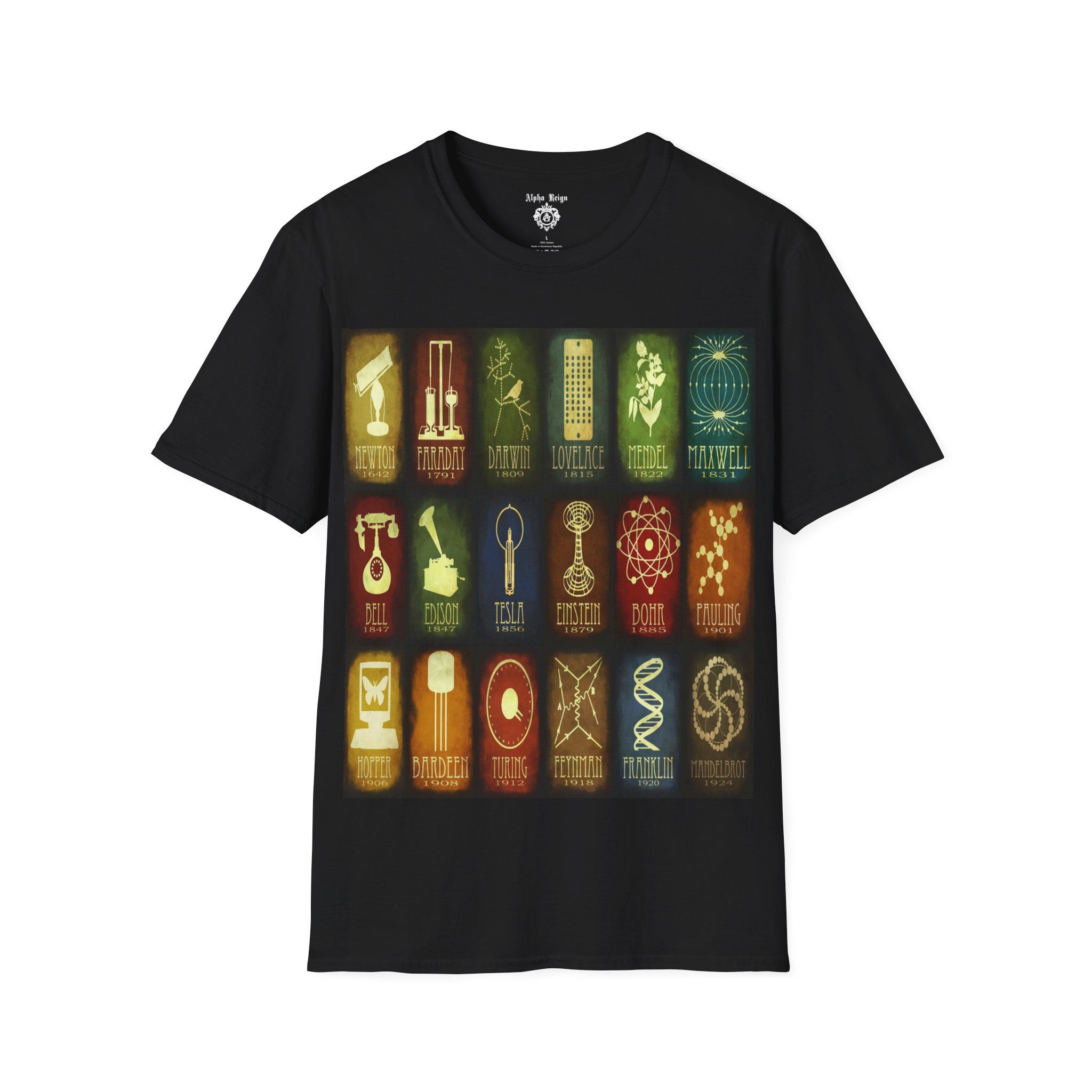 Black t-shirt with colorful Alpha Reign symbols