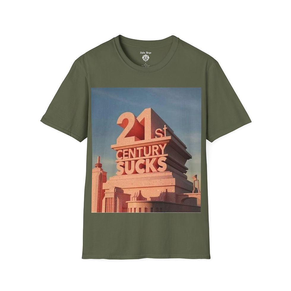 Thumbnail: Olive V-neck tee shirt with '21st Century Sucks' graphic