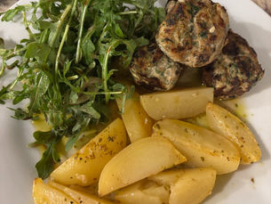 Greek Herb Turkey Meatballs with Lemon Potatoes & Arugula-Fennel Salad