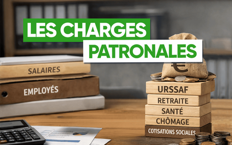 Illustration des charges patronales : cotisations sociales employeur sur les salaires (URSSAF, retraite, santé, chômage).