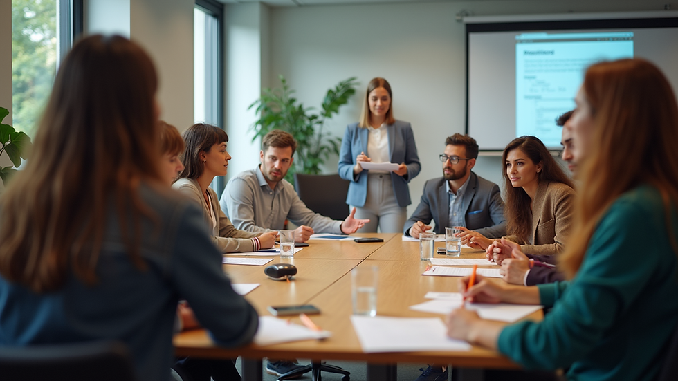 Eye-level view of a community meeting room with diverse people brainstorming ideas