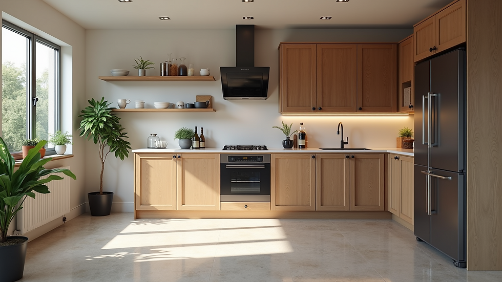 Eye-level view of a modern kitchen with stylish cabinets and elegant flooring