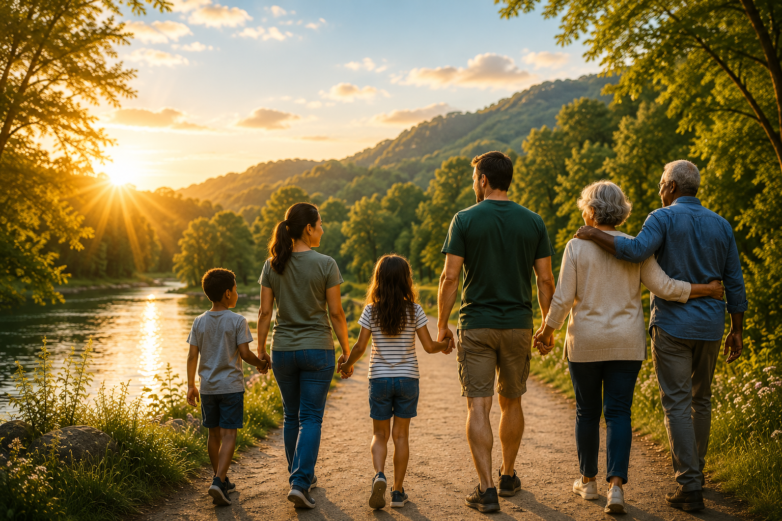 Multi-generational community walking together outdoors near water