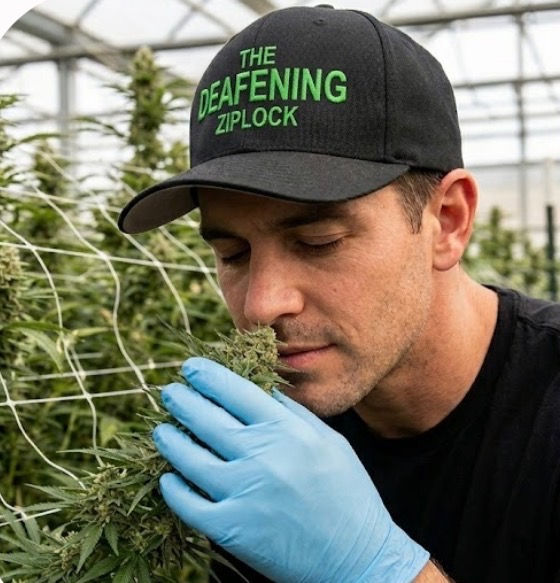 Man in blue glove smells cannabis in a greenhouse, wearing a cap reading THE DEAFENING ZIPLOCK.