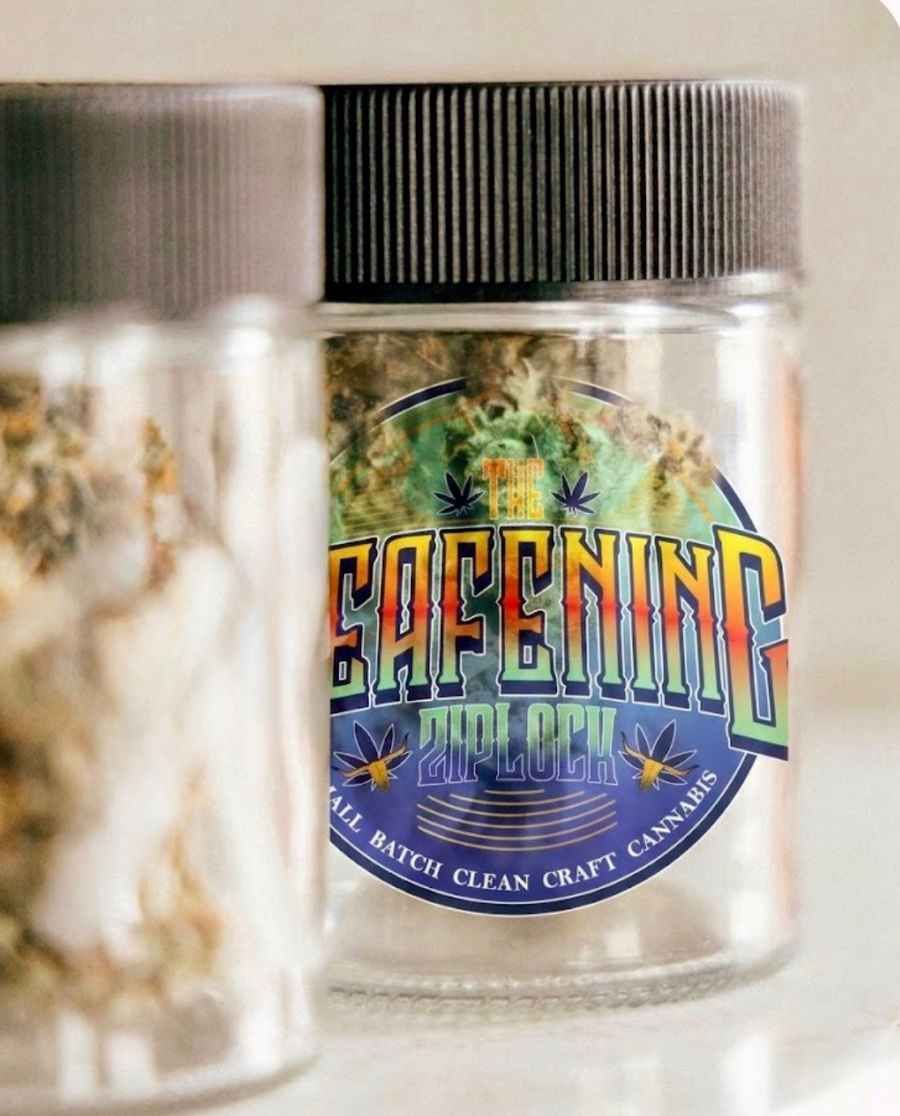 The Deafening ziplock jar of cannabis on the dispensary shelf.
