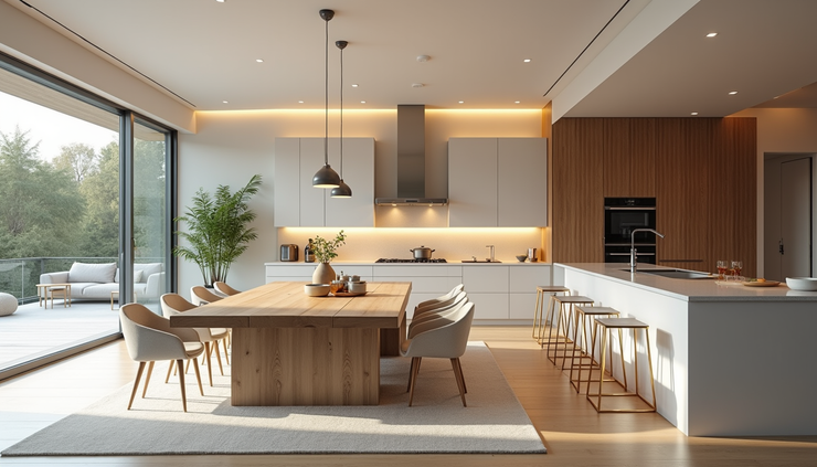 Eye-level view of a spacious kitchen and great room with modern furnishings and ample seating