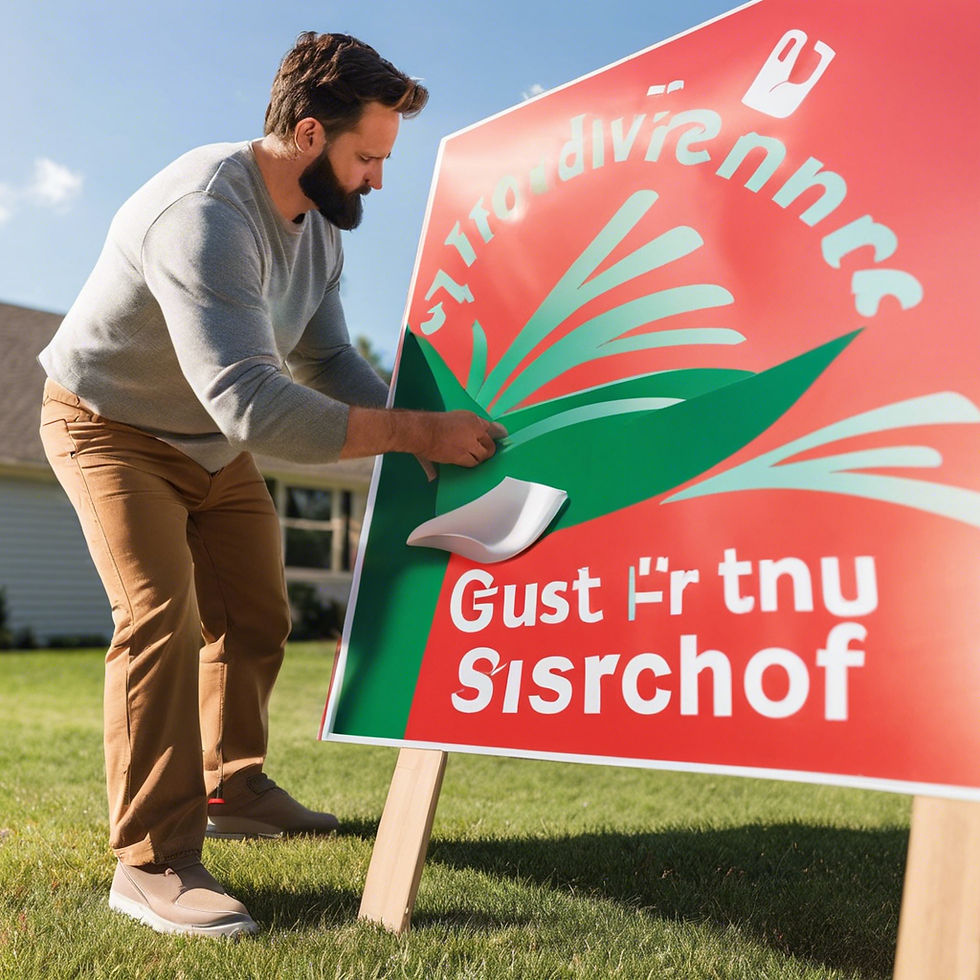 man standing next to a vinyl sign in a yard