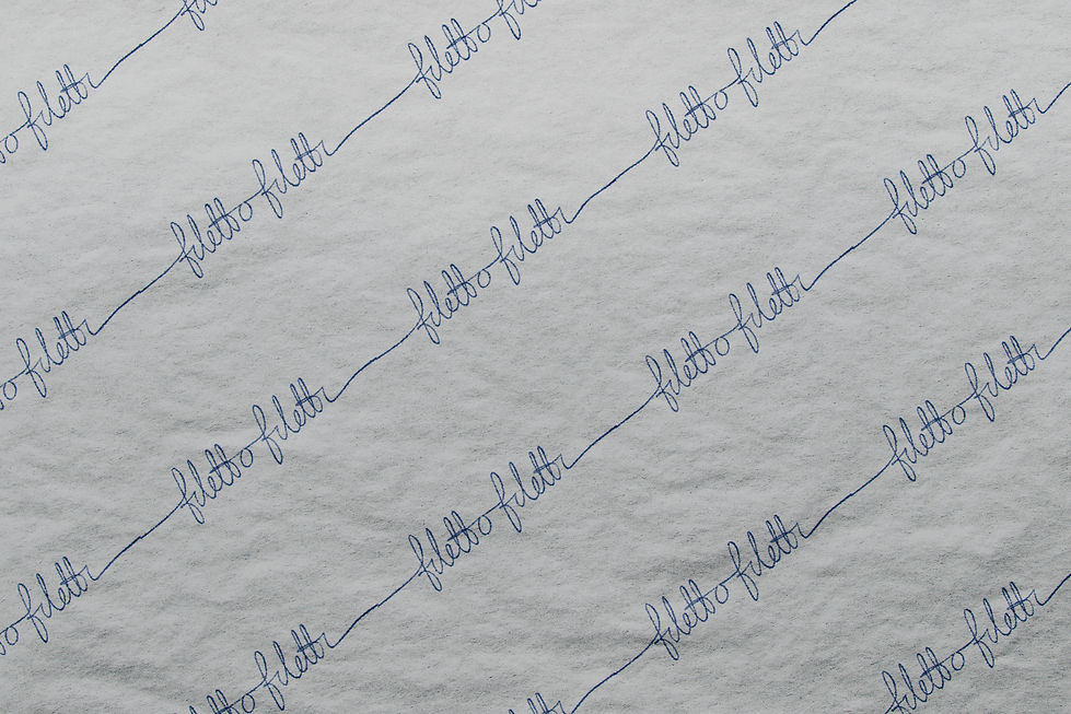 Repeating Handwritten Script Logo all in one line printed in blue onto white tissue paper