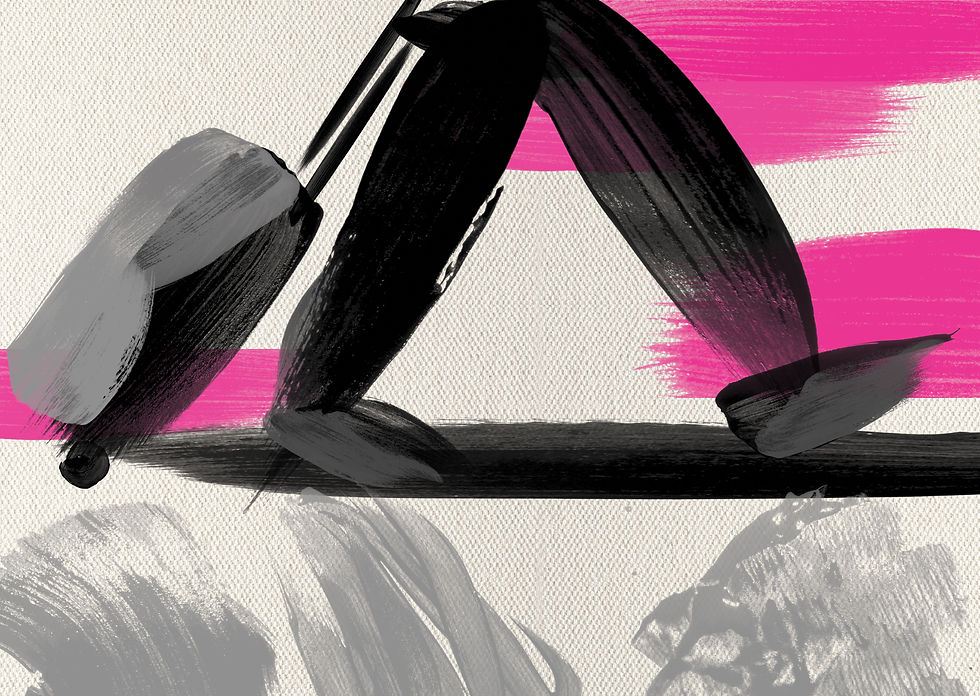 Brush style illustration of a person pulling a suitcase. Pink, white and black on canvas