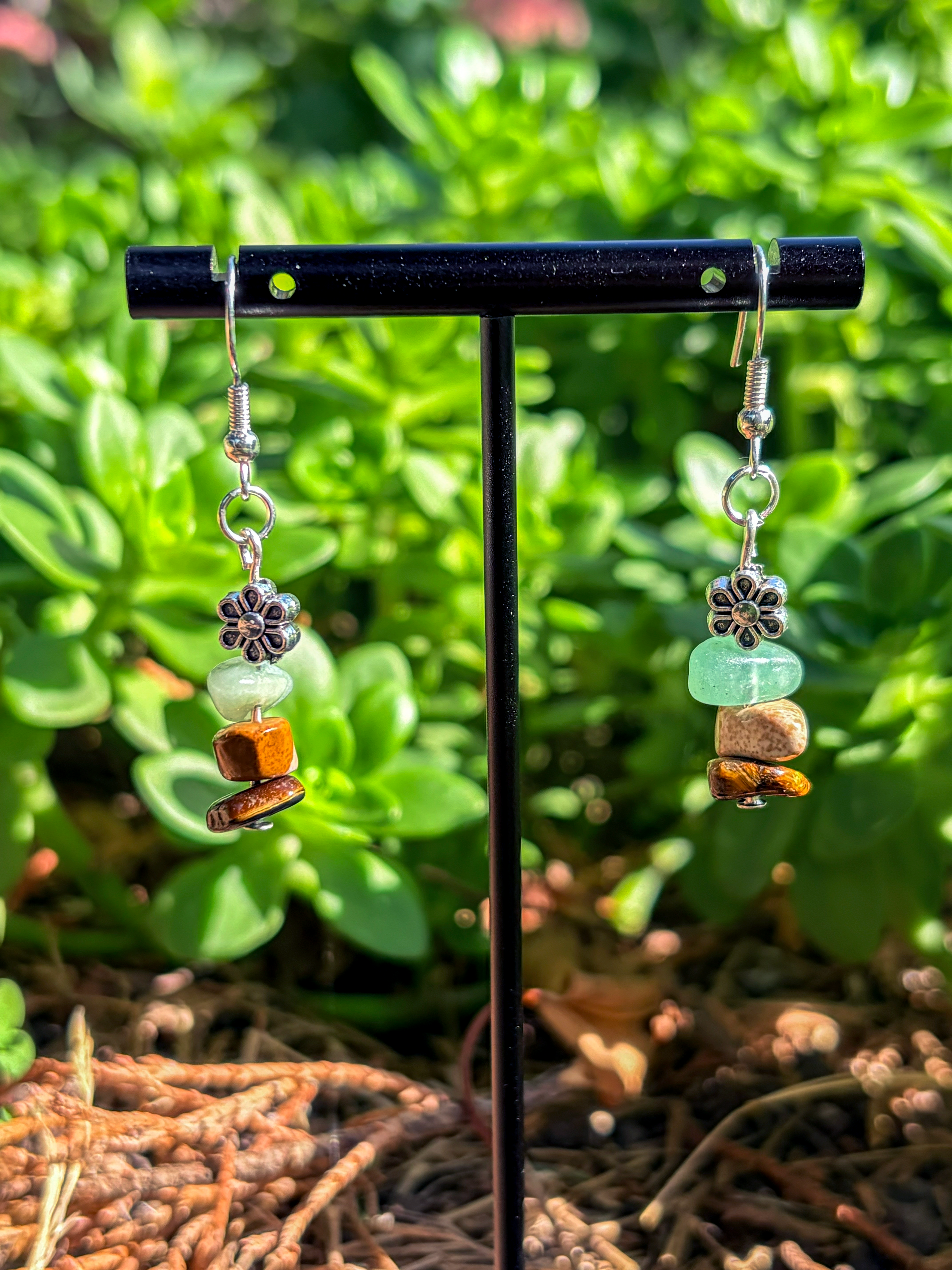 Floral Green & Brown Gemstone Earring