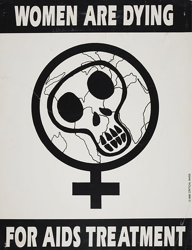 This is a poster with the text "WOMEN ARE DYING" at the top and at the bottom "FOR AIDS TREATMENT." In the center of the poster is the symbol for female and inside of it is a globe with a skull over it.