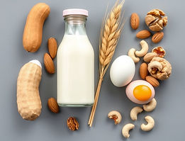 align peanut, milk, wheat, almonds, walnuts, eggs and cashew nuts from left to right in a 