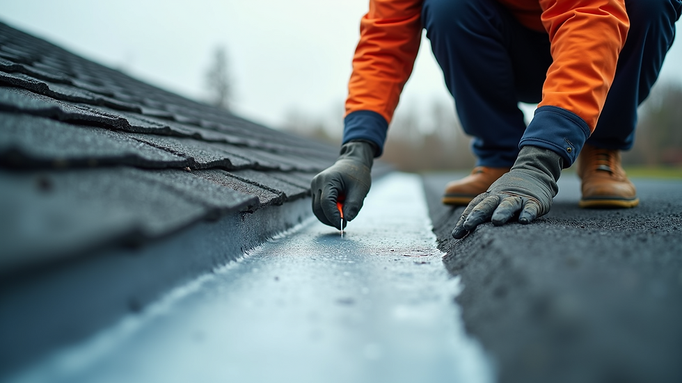 Close-up view of a waterproofing technician applying sealant on a roof