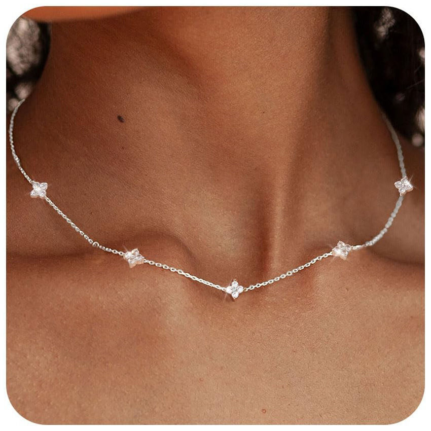 Thumbnail: 925 Silver Plated Four-leaf Flower Zircon Chain Necklace for Women Luxury Collar
