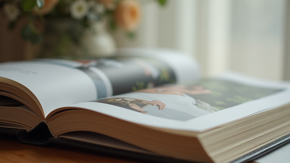 Close-up view of a wedding album with elegant photo prints