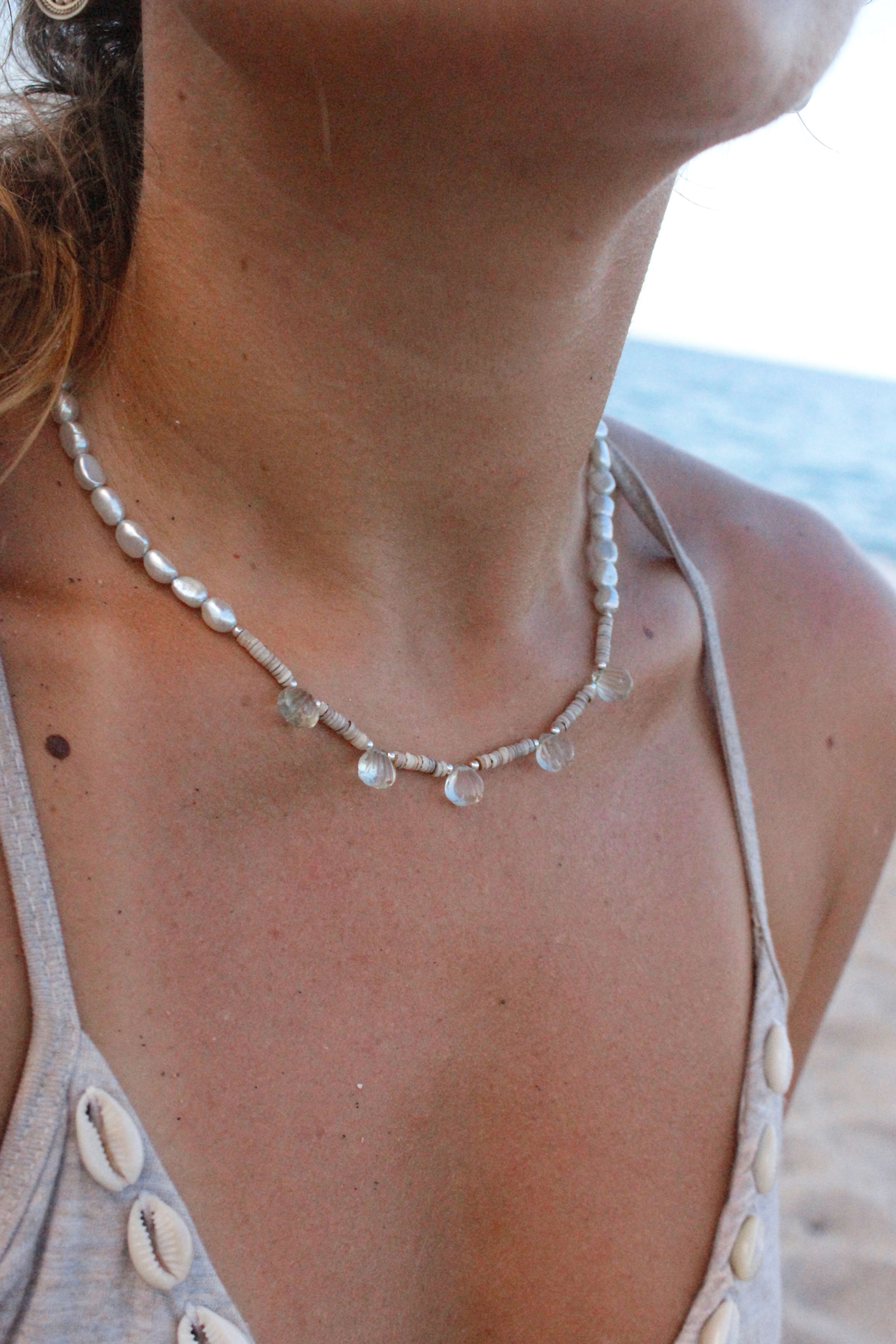BEACHCOMBER - Quartz Shells + Shell Chips + Gray Pearl Beaded Necklace