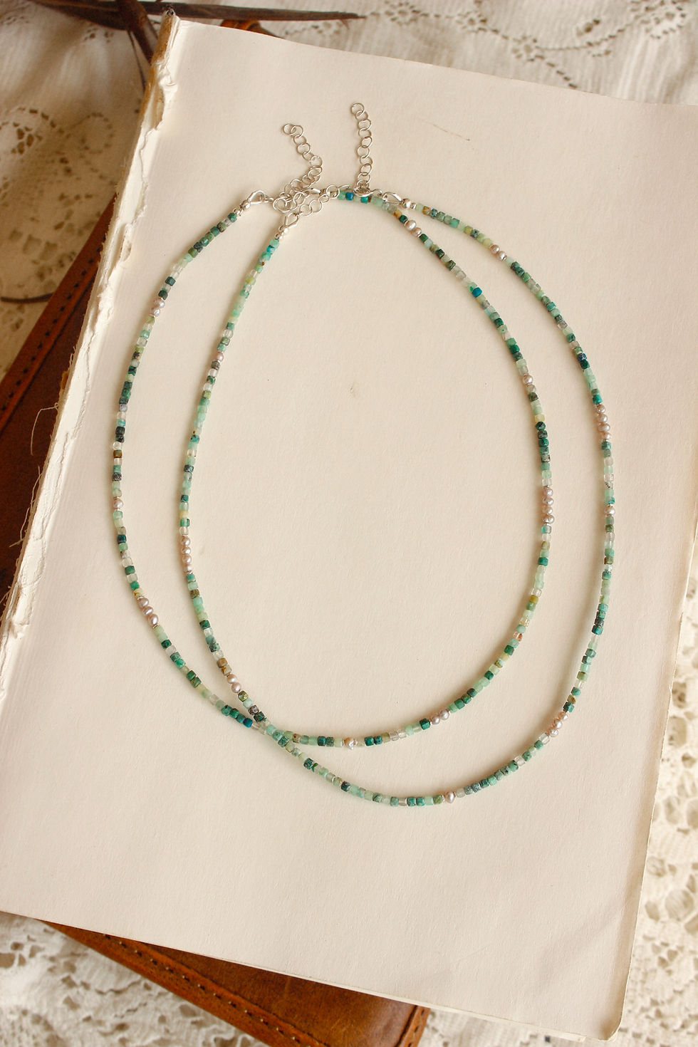 Thumbnail: Chrysocolla + Tiny Pearls Stacker Beaded Necklace