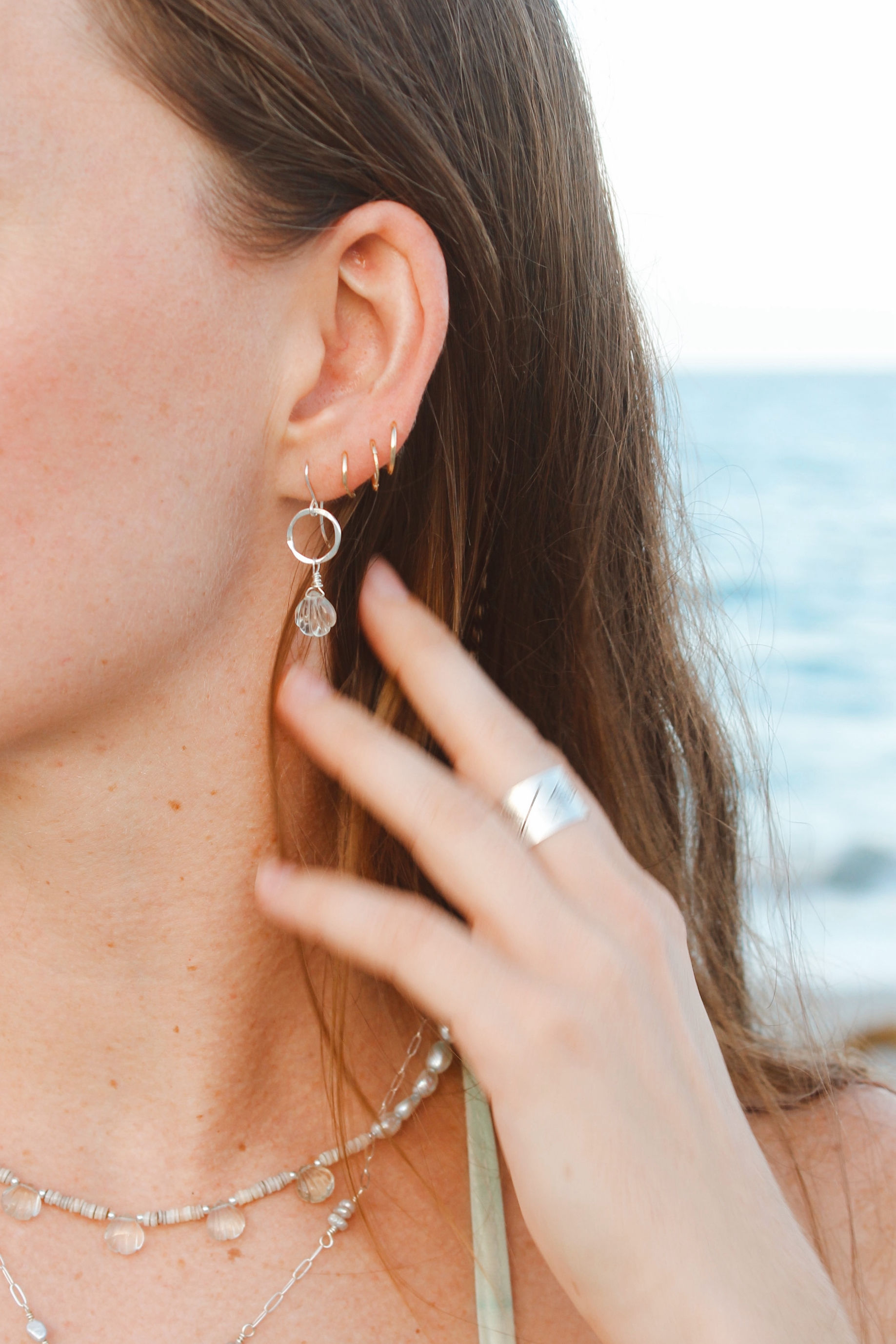 BEACHCOMBER - Quartz Shell + Sterling Silver Hoop Earrings