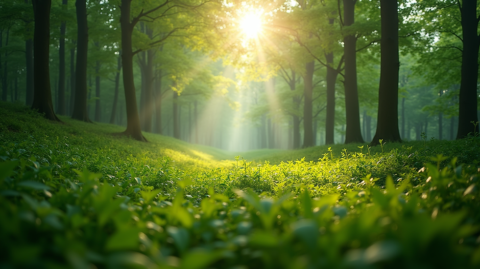 Eye-level view of a lush green forest with sunlight filtering through the leaves
