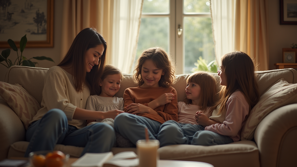 Close-up view of a family gathering in a cozy living room
