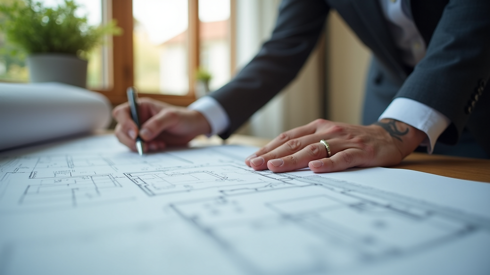 Close-up view of a property consultant reviewing architectural plans