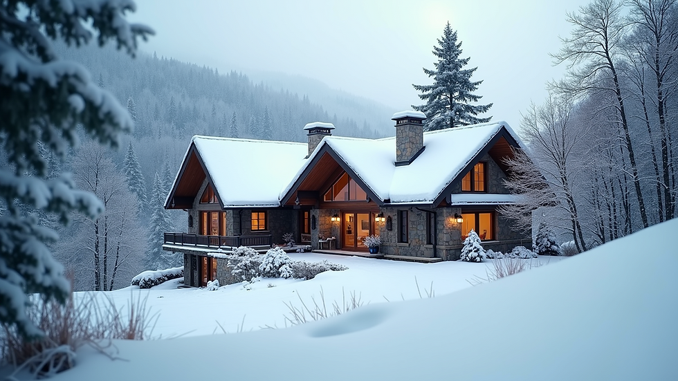 Eye-level view of a luxury mountain estate with snow-covered roof