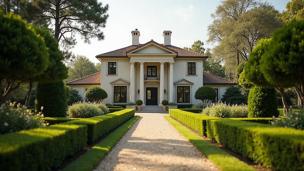 Eye-level view of a luxury estate with manicured gardens