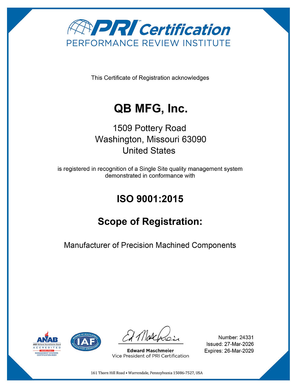 QB Manufacturing is an ISO Certified Machine Shop - Proof of Certification - ISO Certificate
